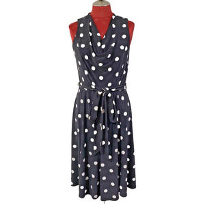 Lauren Ralph Lauren Black White Polka Dot Cocktail Dress Sleeveless 10 Waist Tie